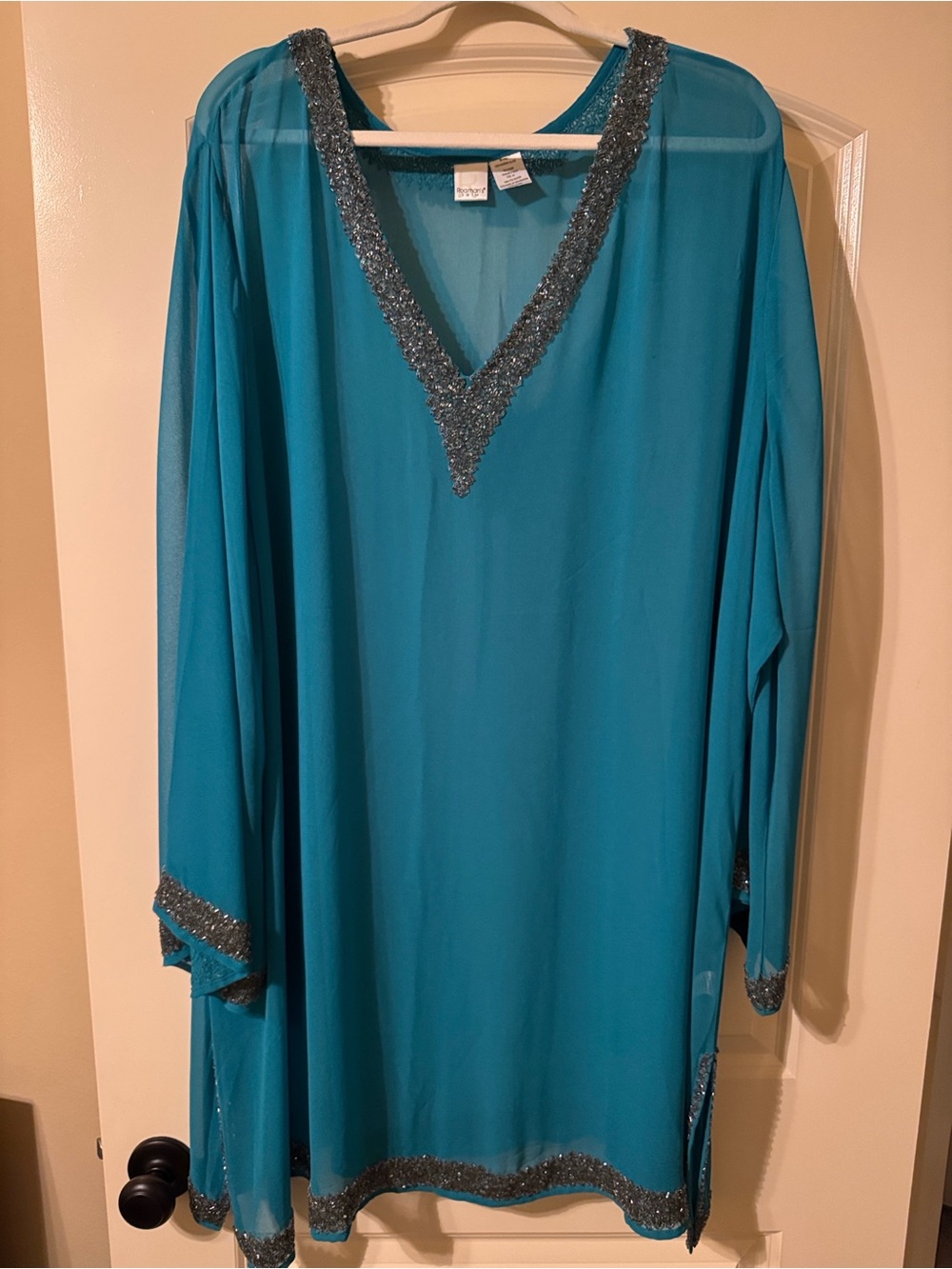 ROAMAN’S Sheer Teal Beaded V-Neck Tunic Swim Cover 4X
